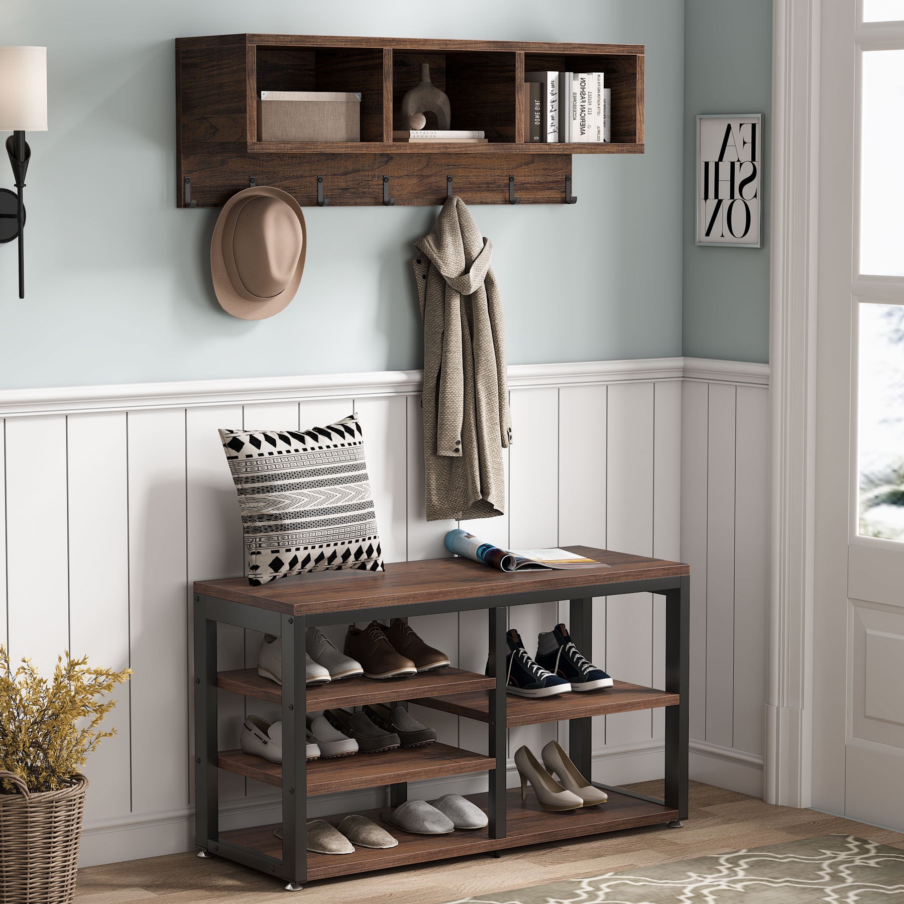 Industrial Coat Rack Shoe Bench Set